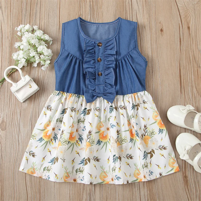 

Girls Casual Floral Dress 1-4-Year-olds Little Girl Round Neck Sleeveless Ruffled Dresses For Summer 2021