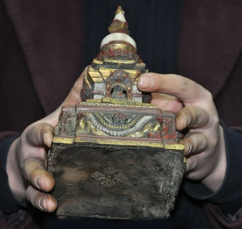 

wedding decoration 9" Old Tibetan Buddhism Bronze gilt Cinnabar Sakyamuni Buddha stupa Pagoda Tower