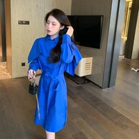blue long sleeved shirt dress womens early autumn 2021 new design sense niche korean style waist