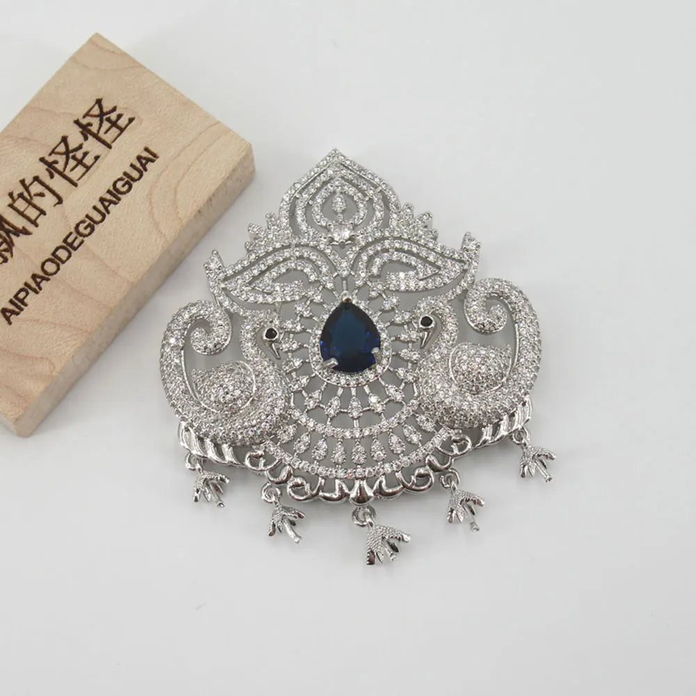 

APDGG 50x57mm 18k white gold plated Cubic Zirconia micro pave peacock charm connector necklace pendant Jewelry DIY