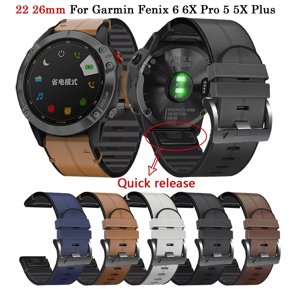 

Ремешок кожаный для Garmin Fenix 6/6X Pro Fenix 5/5 Plus/5X, быстросъемный силиконовый браслет для смарт-часов, 22 26 мм