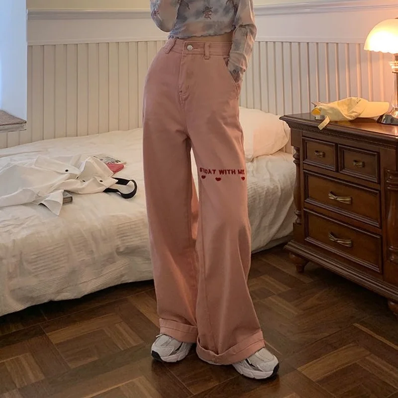 

HOUZHOU Women's Jeans Pink Y2k Embroidery Streetwear Wide Leg Baggy Pants Harajuku Korean Fashion Denim Trousers Vintage Loose