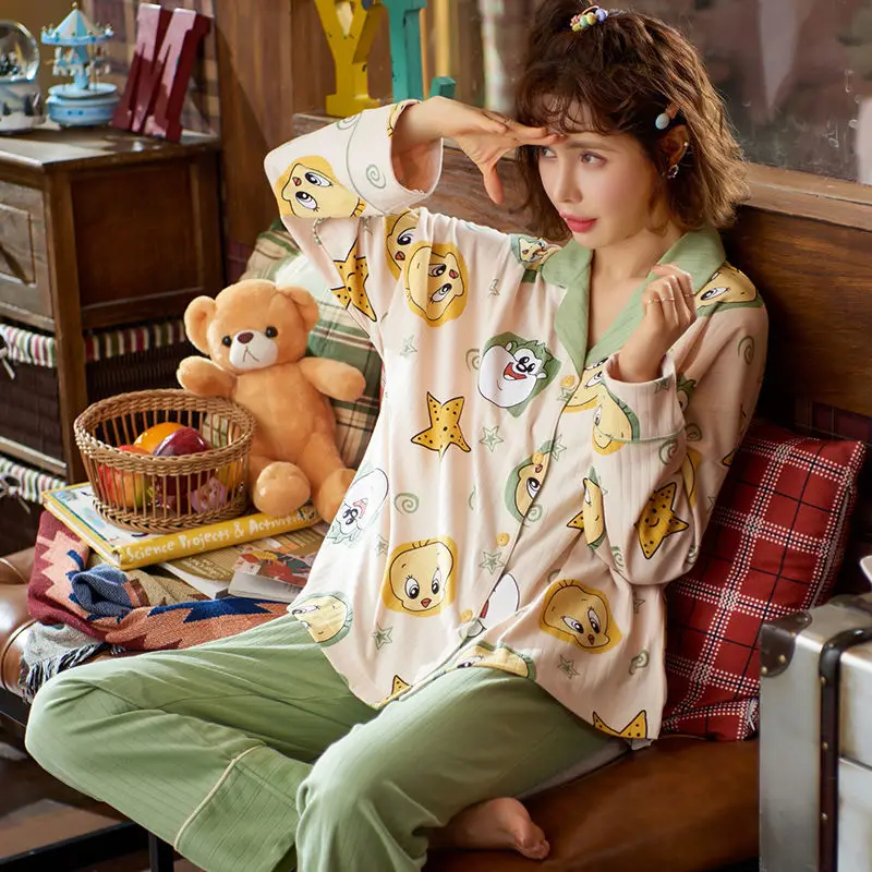 Pajamas Women Spring and Autumn Cotton Long-sleeved Lapel Suit Sweet and Cute Cartoon CasualInsWindCanWearOutsideTheHomeClothing
