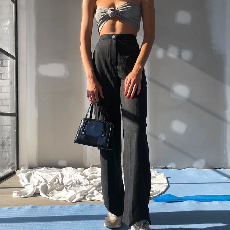 

Spring 2021 Fashion Streetwear Office Ladies Loose Trousers Black Striped Straight Pants Casual High Waist Suit Women Pants