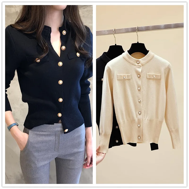 

Вязаный женский свитер, кардиган с жемчужными пуговицами и круглым вырезом, Женское пальто с длинным рукавом, фиолетовый офисный женский св...