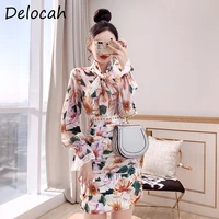 delocah 2021 new summer women fashion designer%c2%a0skirt set bow long sleeve blouses high waist slim skirts 2 two%c2%a0pieces%c2%a0suits