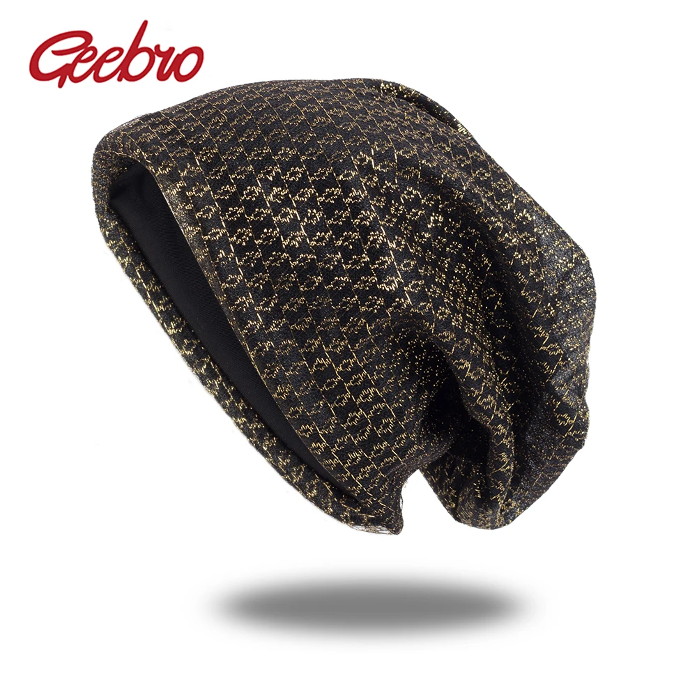 

Geebro мужские модные весенние Мягкие Шапки женские повседневные облегающие Женские Эластичные новые тюрбаны для девочек с золотым принтом шапочки унисекс шапки шляпа