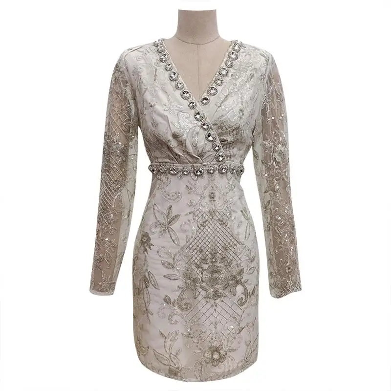 

Brand Design Sexy V-Neck Lace Sexy Luxury Sequin Dress Slim Long Sleeve Mini Dress Women Fashion New Party Summer Clothes