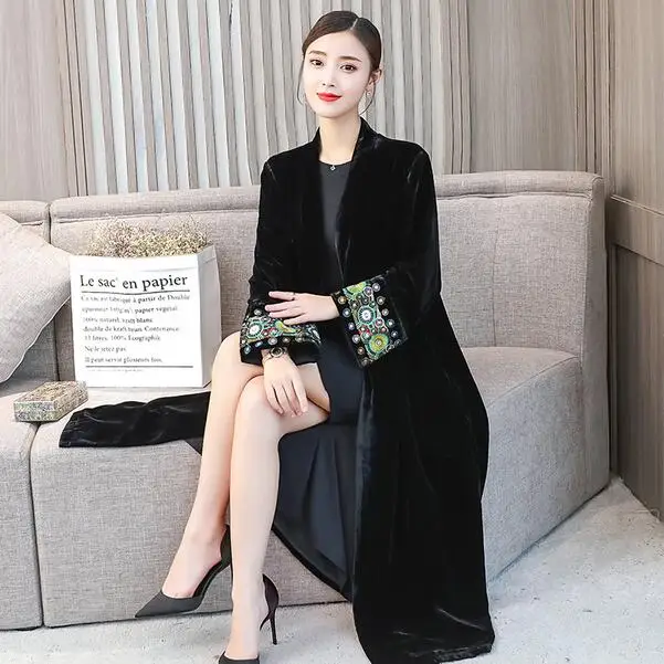 Женское велюровое платье-кардиган винтажное бархатное платье миди с длинным