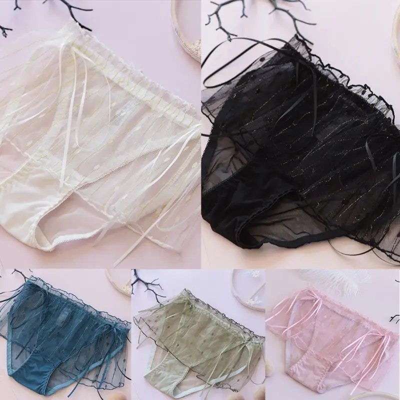 

Японские Женские эротические прозрачные сетчатые трусики с низкой посадкой и оборками, кружевное блестящее женское нижнее белье, Лолита, п...
