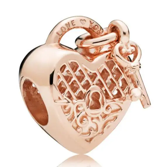 

Genuine 925 Sterling Silver Charm Openwork Rose Gold Love You Lock With Key Beads Fit Pan Bracelet & Necklace Diy Jewelry