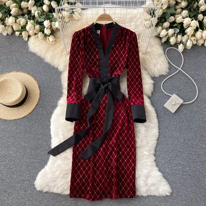 

A375 Women New Fashion Retro Velvet Package Hip V-neck Long Sleeve Slit Dress Elegant Clothes Vintage Vestidos