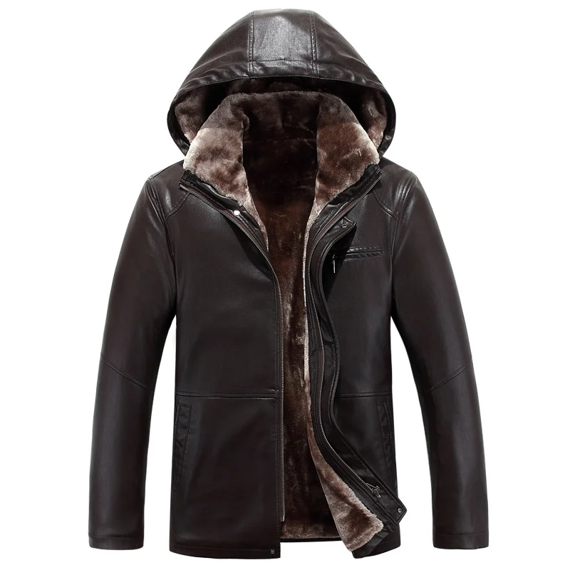 

Winter 2021 Mens Clothing Middle Aged Sheep Leather Hoody Collar Fur Long Plush Thick Overcoat Meth Keep Warm Jacket Coat M-4XL