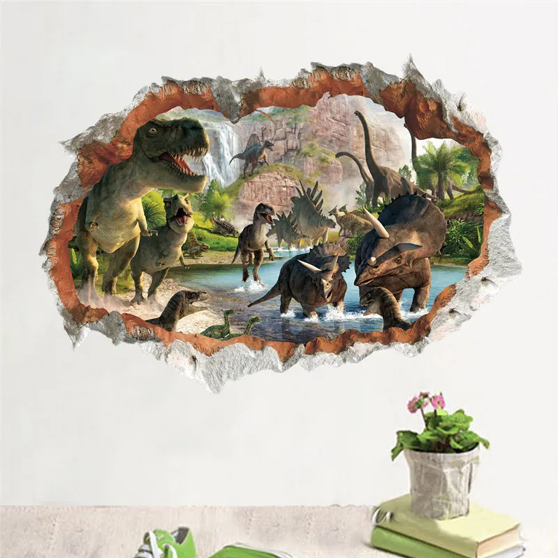 

Vivid Dinosaurs 3d Broken Hole Wall Stickers For Kids Room Home Decoration Creative Animals Mural Art Diy Boy's Decal Poster