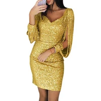 sexy women sequins glitter mini dress solid color long sleeve v neck tassels waist tight lady party dresses