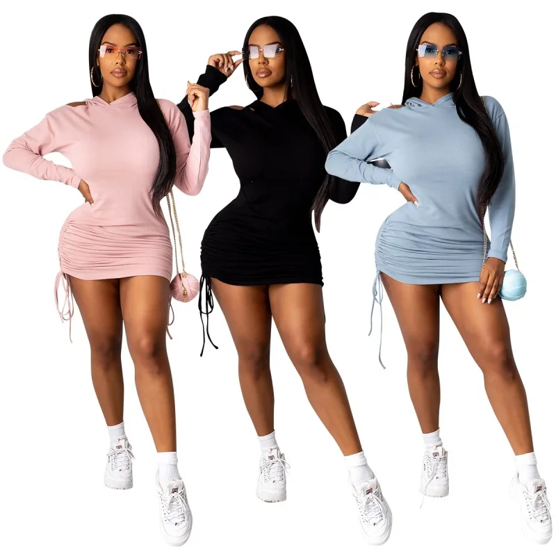 

TRODEAM Autumn Winter 2021 New Cotton Ruched Drawstring Mini Dress Women Hooded Long Sleeve Solid Bodycon Dress Slim Vestidos