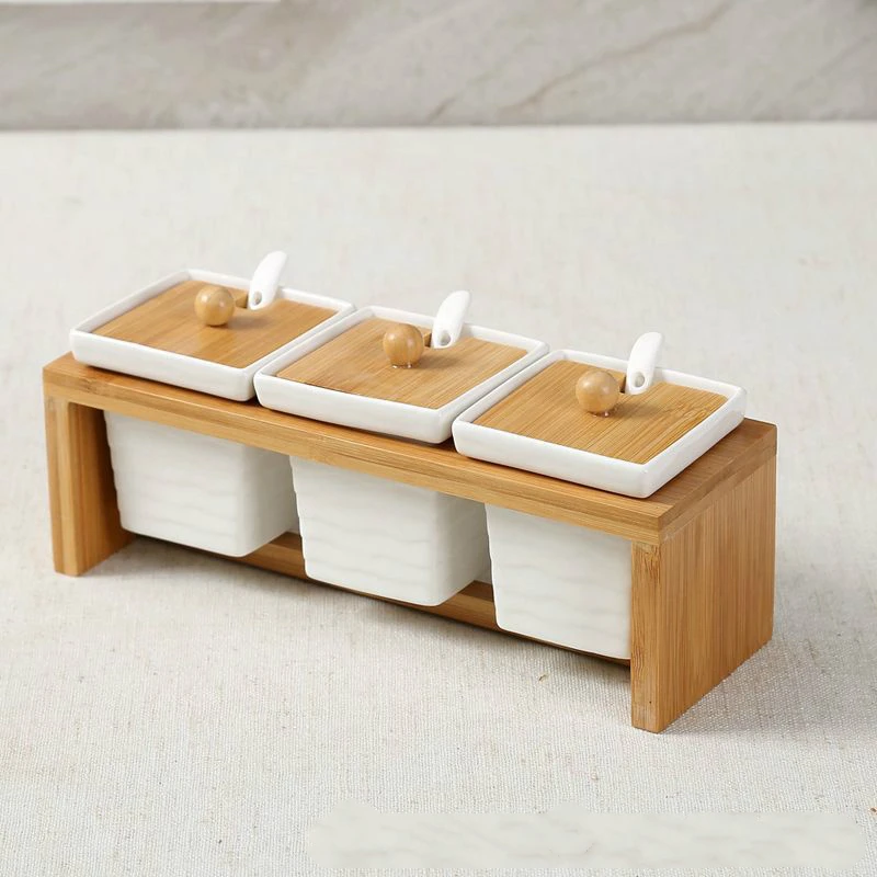 Kitchen supplies seasoning jar European simple kitchenware bamboo shelf ceramic spice box with |