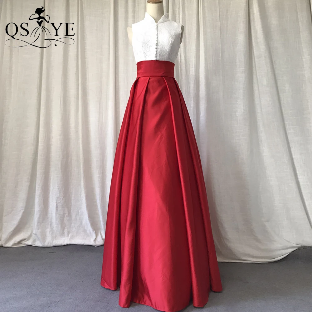 

High Neck Red Prom Dress Satin A line Evening Gown Buttons Lace Party Gown Wide Sash Box Pleat Zipper up Classic Formal Dress