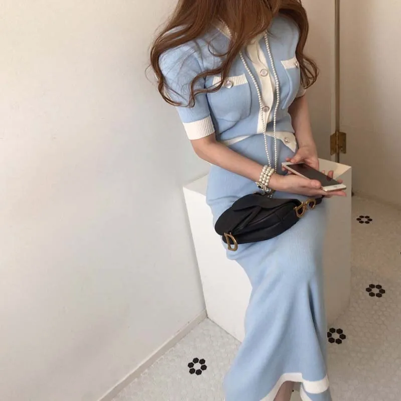 

Модный цельный элегантный трикотажный комплект из 2 предметов в Корейском стиле, однобортный Топ с коротким рукавом и круглым вырезом + длин...