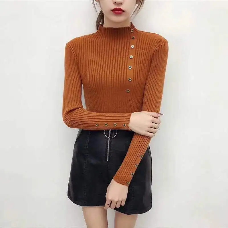 

Sweater women's 2021 spring and autumn new style with Korean slim bottomed sweater long sleeve half high collar button fashion