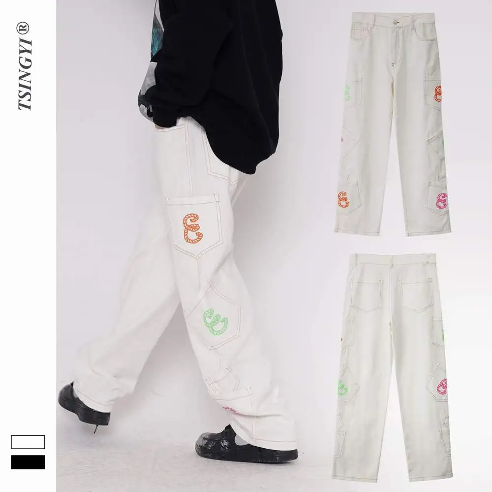 New Retro Multi Pocket Embroidery Letters Straight Jeans Men Women Oversize Baggy Denim Pants White Harajuku Streetwear Trousers