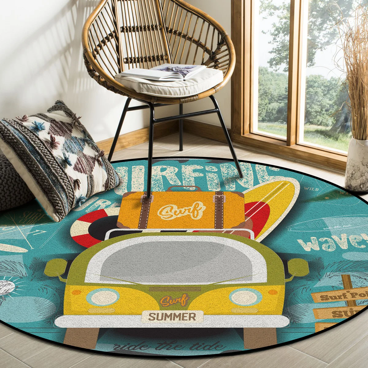 

Cartoon Bus Travel Summer Swimming Illustration Round Carpets for Bed Room Non-slip Rugs for Living Room Circle Rug