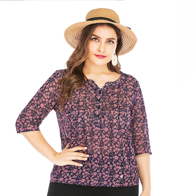 

Элегантные блузки, женские топы, свободные Стильные повседневные Рубашки, офисные женские блузы с цветами, 6XL V-образный вырез Рубашки, K394