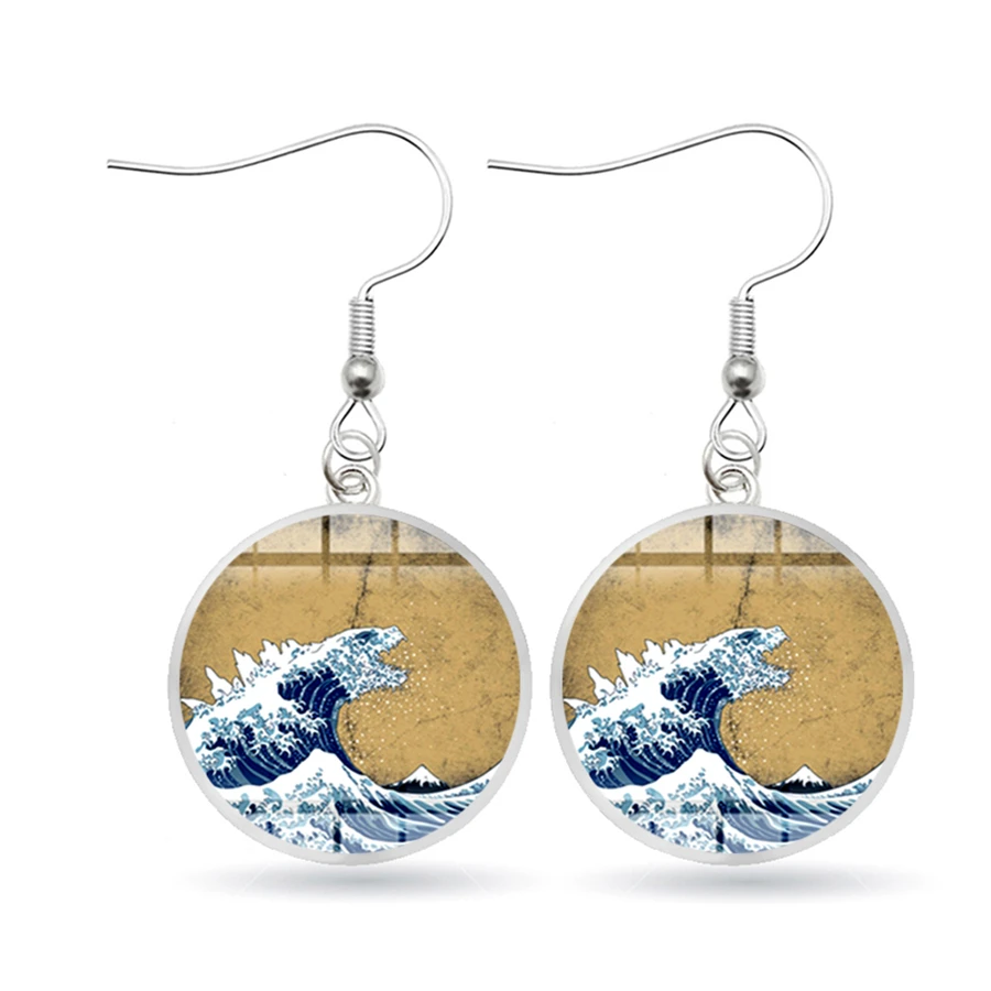 Классические канагава картина серфинг серьги японские Ukiyo e Art Blue Sea Wave висячие 3D