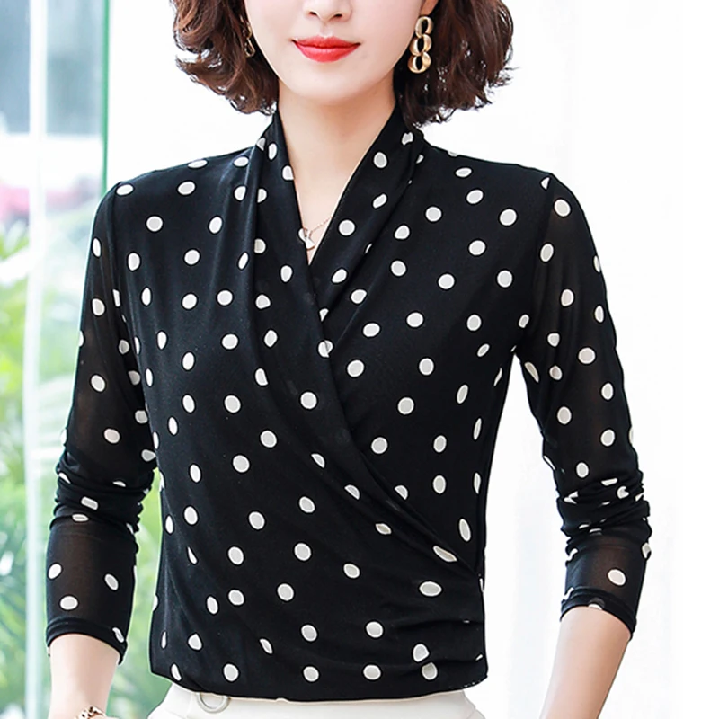 Spring Autumn Women Modern Latin Costume Casual V-Neck Black Dot Printed Lace Suit Bottoming Shirt