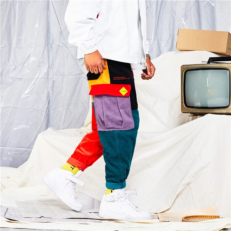 

ZOGAA Men's Fashion Pants Color Block Patchwork Corduroy Harem Pant Streetwear Cotton Trousers Jogger Sweatpant Jeans