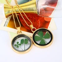 2020 new lucky dried flowers charms jewelry round glass dried flower four leaf clover pendant necklaces for women girl
