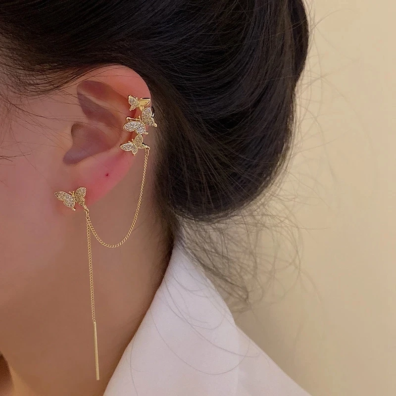 

Korean Fashion Elegant Chain Butterflies Metal Zircon Ear Clip For Women Girls Butterfly earring Trendy Party Feasts Jewelry