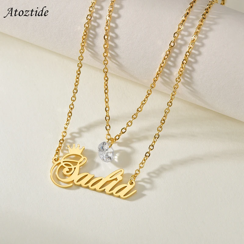 Atoztide Customized Fashion Stainless Steel Name Birthstone Personalized Letter Gold Double Layer Diamond Necklace Pendant Gift