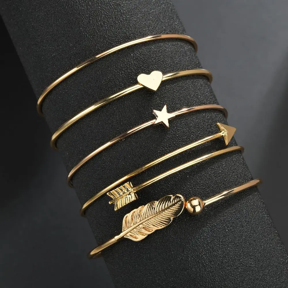 Bohemian Gold Color Moon Leaf Crystal Opal Open Bracelet Set for Women Punk Boho Beach Shell Acrylic Round Bangle Jewelry Gift | Украшения
