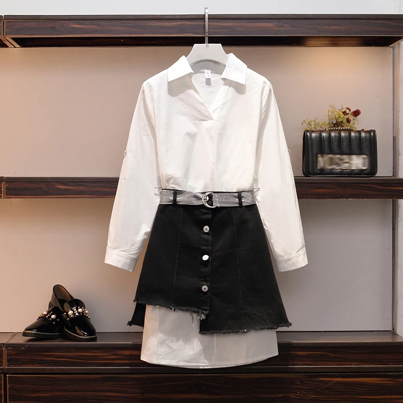 

2021 Spring Summer Women 2 Two Piece Set New White Cotton Shirt Dress Tops +High Waist Button Irregular Mini Skirts Sets Suits