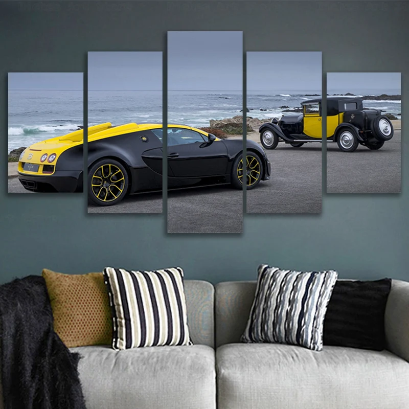 

Hanging Picture Bugattis Veyron Classic Cars and Modern Supercars Yellow Sports Car 5 pcs Picture Canvas Wall Art Painting