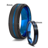 trendy 4mm 8mm black brushed stainless steel couple rings for men women thin blue line groove promise ring wedding party jewelry
