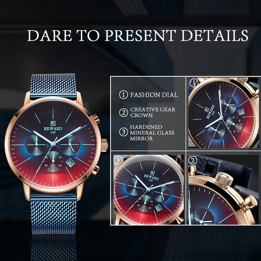 

REWARD Color Bright Glass Watch Men Luxury Chronograph Men's Stainless Steel Sport Quartz Leather Wrist Watch Relogio Masculino