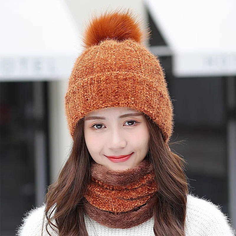 Hat Scarf Set Winter Women Plus Velvet Thick Warm Outdoor Sport Chenille Knit Hat And Scarf Korean Female Beanies Caps F24810AD
