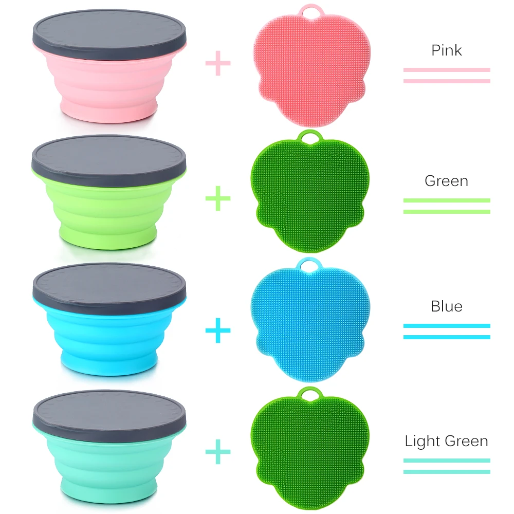 Silicone Collapsible Portable Bowl Expandable Bowl with Lid and Silicone Dish Sponge for Travel Camping Hiking