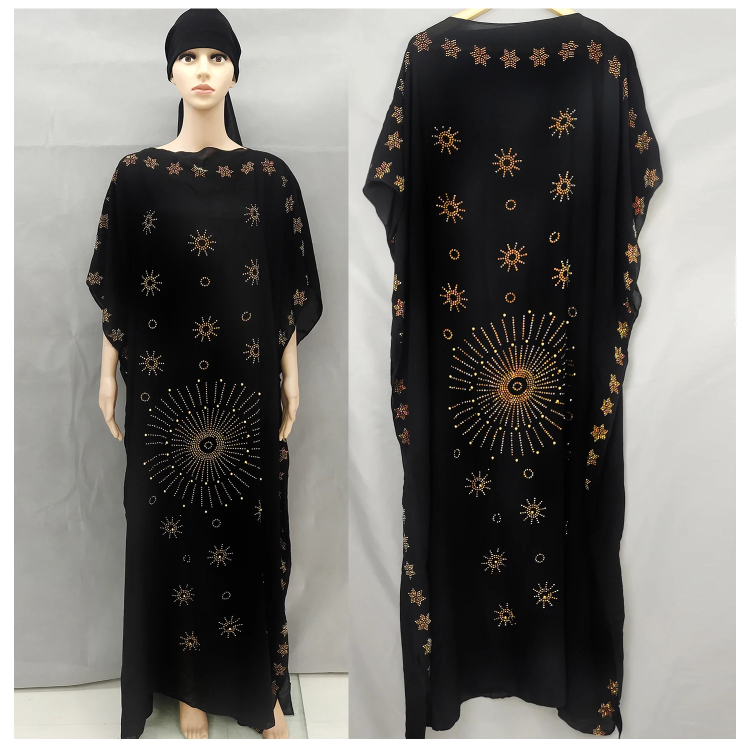 

2021 Africain Maxi Dress Abaya Dubai Dashiki Golden Embroidery Black Long Robe Islamic Africa Plus Size Clothing GH512