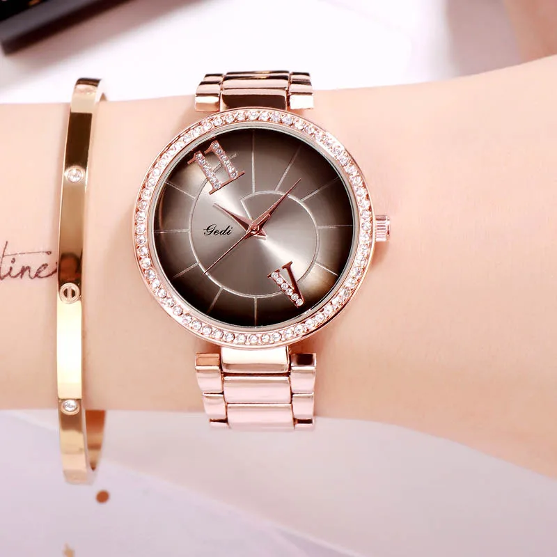 Rosegold black GEDI модные элегантные женские часы с ремешком из сплава розового золота кварцевые наручные часы женские роскошные стразы уникальный дизайн часы с буквами - Цвет: Rosegold black