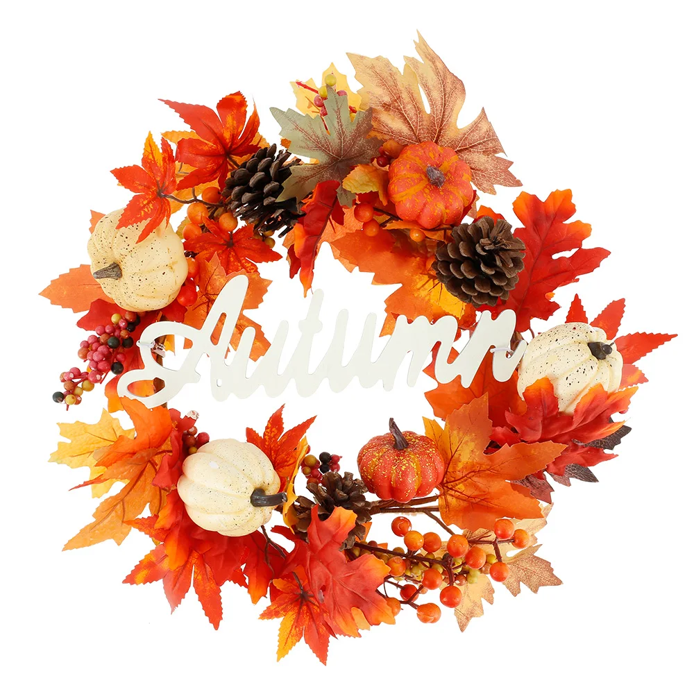

Кленовый венок с тыквой, Осенний праздничный дверной венок, подвесное украшение для двери, венок для окон, Декор
