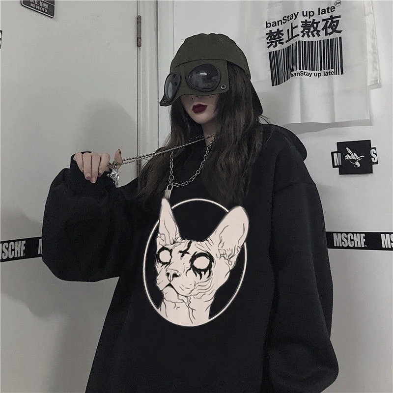 New 2022 Death Metal Sphynx Cat sweatShirt Black Metal Witchy sweatShirt Gothic Steampunk Hipster sweatShirt Sphynx Cat Graphic