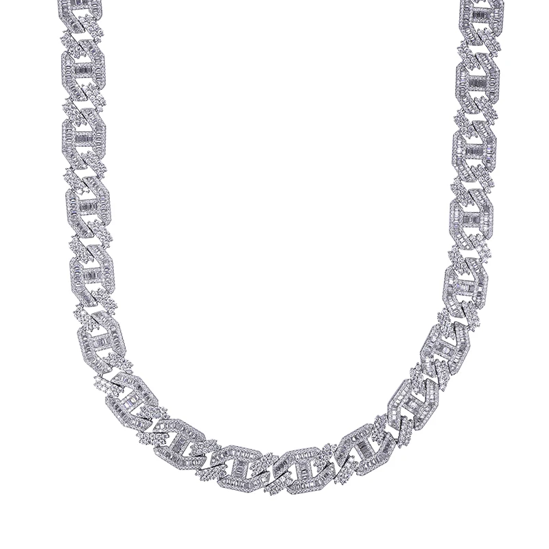 Hip Hop 15MM Heavy Miami Baguette Zircon Iced Out Cuban Link Necklace AAA CZ Prong Setting Necklaces Hip Hop Jewelry 18'' 24''