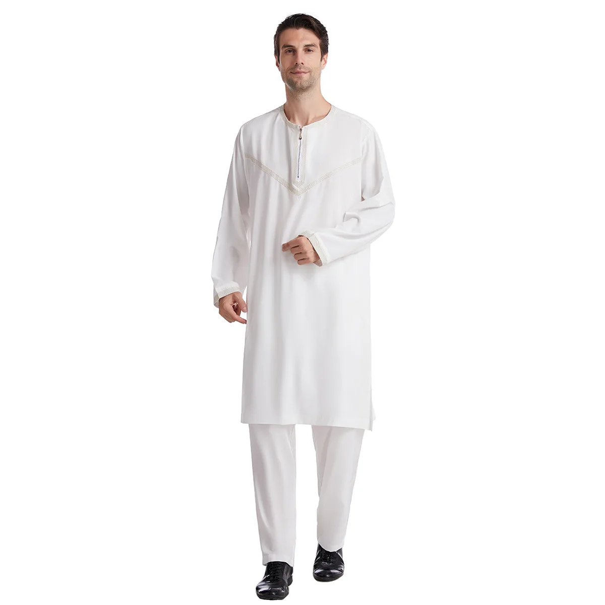 Fashionable Muslim Arab Middle East Embroidered Men's Robe Set Abaya Kaftan Robe Islamic Mosque Ramadan Prayer Top Pants Set