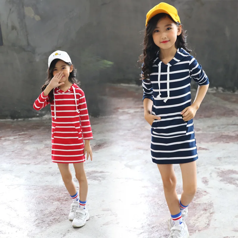 Dress for Girls Teen Strip Hoodie Cotton Korean Fall Autumn Winter Princess Long Costume 2 3 4 5 6 7 8 9 10 11 12 Year | Детская одежда