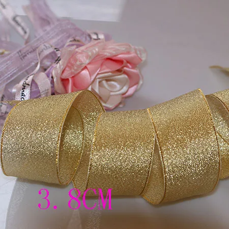3.8CM 2yard Аксессуары для творчества, лента с проволочным краем, Жесткая сетка, лента, Золотая и Серебряная лента, декоративная подарочная коробка с деревом, упаковка с бантом - Цвет: 3.8CM 2yard