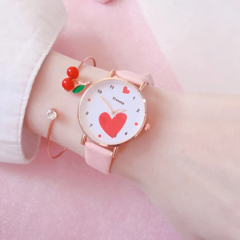 Простые часы Love популярные для девочек с кожаным ремешком милый детский браслет