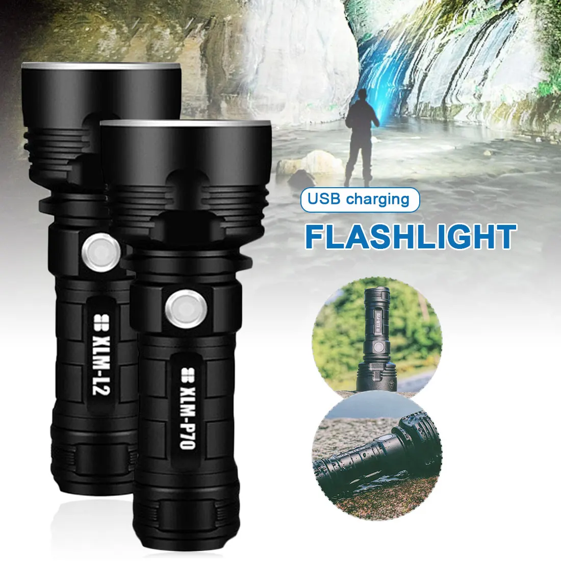 

Светодиодный фонарик P70/ L2 с бусинами, мощный водонепроницаемый Ультраяркий фонарь с зарядкой от USB для кемпинга и верховой езды